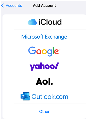 iPhone Add Account provider list showing iCloud, Microsoft Exchange, Google, Yahoo, AOL, and Outlook.com options